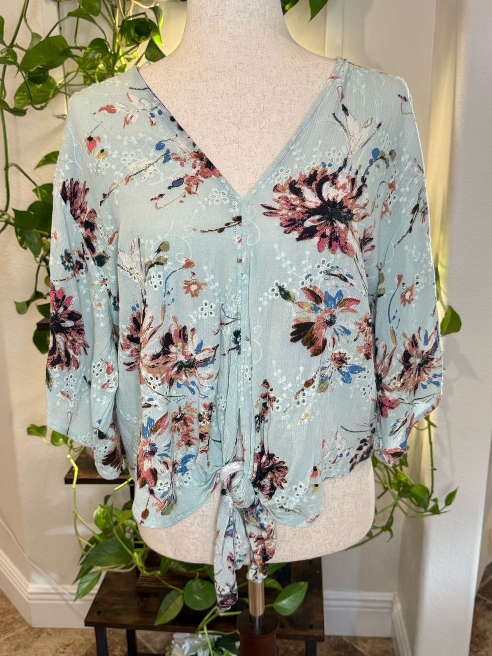 Lovestitch Light Mint Floral V-Neck Tie-Front Blouse